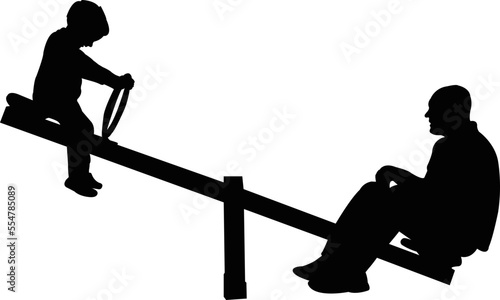 a boy and a man  playing at park, silhouette vector