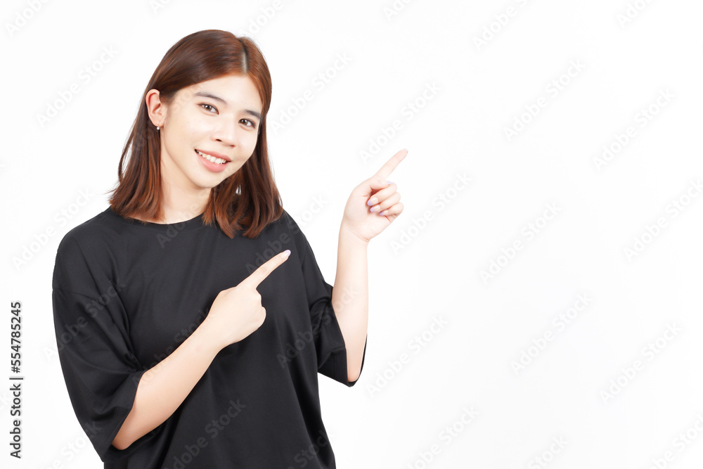 Showing Product and Pointing Side using forefinger Of Beautiful Asian Woman Isolated On White Showing Product and Pointing Side using forefinger Of Beautiful Asian Woman Isolated On White