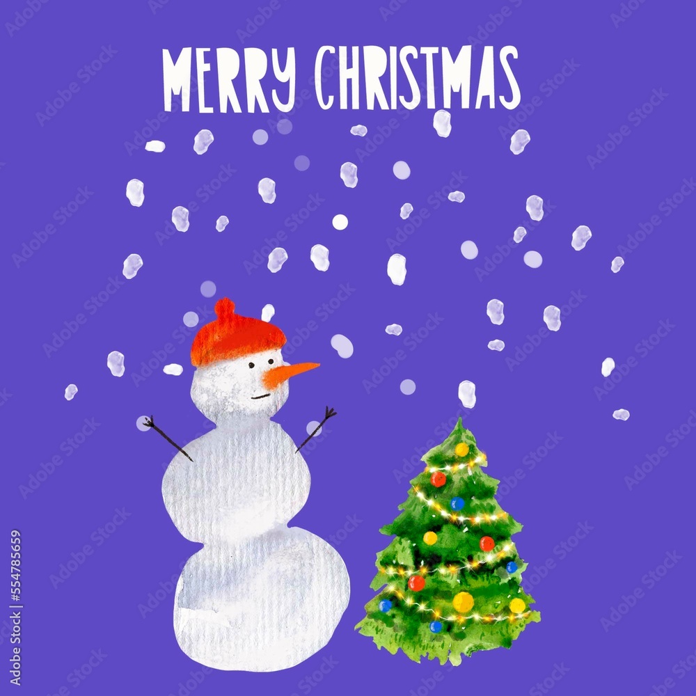 Watercolor illustration, background, card, snowman with a Christmas tree, Christmas tree, Merry Christmas, Happy New Year. Watercolor illustration, background, card, snowman with a Christmas tree, Christmas tree, Merry Christmas, Happy New Year.