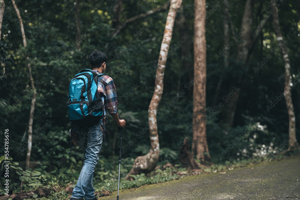 Hikers use trekking pole with backpacks and hold tent bag walking through the forest. hiking and adventure concept. Hikers use trekking pole with backpacks and hold tent bag walking through the forest. hiking and adventure concept.