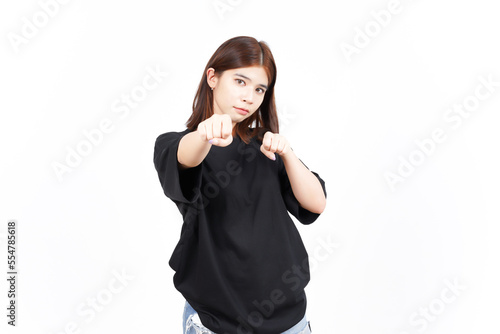 Punching fist to fight or angry Of Beautiful Asian Woman Isolated On White Background