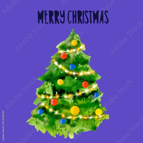 Watercolor illustration, background, card, with herringbone, fir tree, Merry Christmas, Happy New Year.