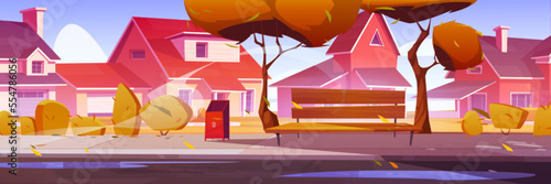 Autumn town street with cozy houses and yellow trees. Cartoon vector illustration of suburban cottages, plants with golden leaves, bench and waste bin on clean sidewalk, water puddles on asphalt road