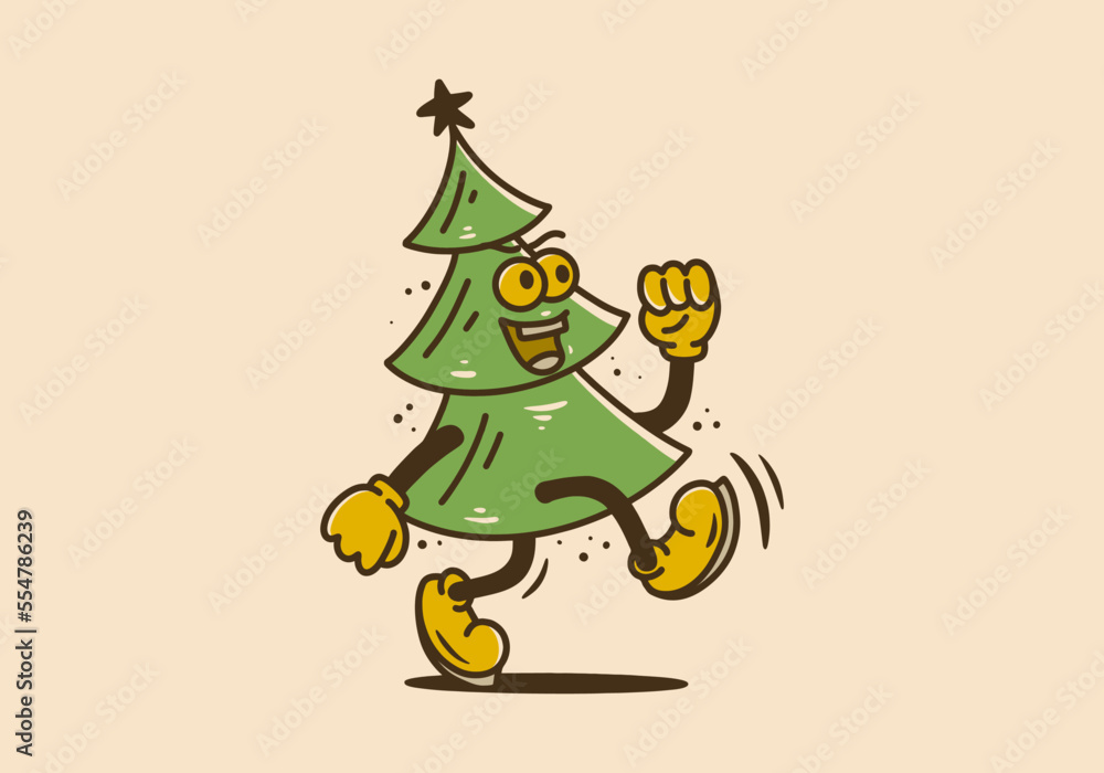 Illustration design of a fir tree with legs and arms and a cheerful face