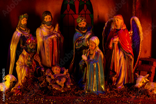 Nativity of Jesus. Religious Christmas scene of baby Jesus in the manger with Joseph, Mary and shepherd. Bible Magi found Jesus. Christian bible character.