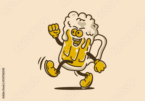 Illustration design of beer mugs with feet and hands and cheerful faces