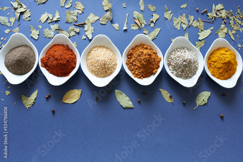 Spices close-up on blue background with space for text.