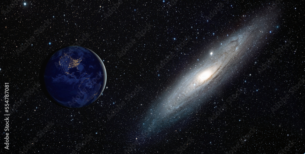 View of the Planet Earth from space with The Andromeda Galaxy in the background 
