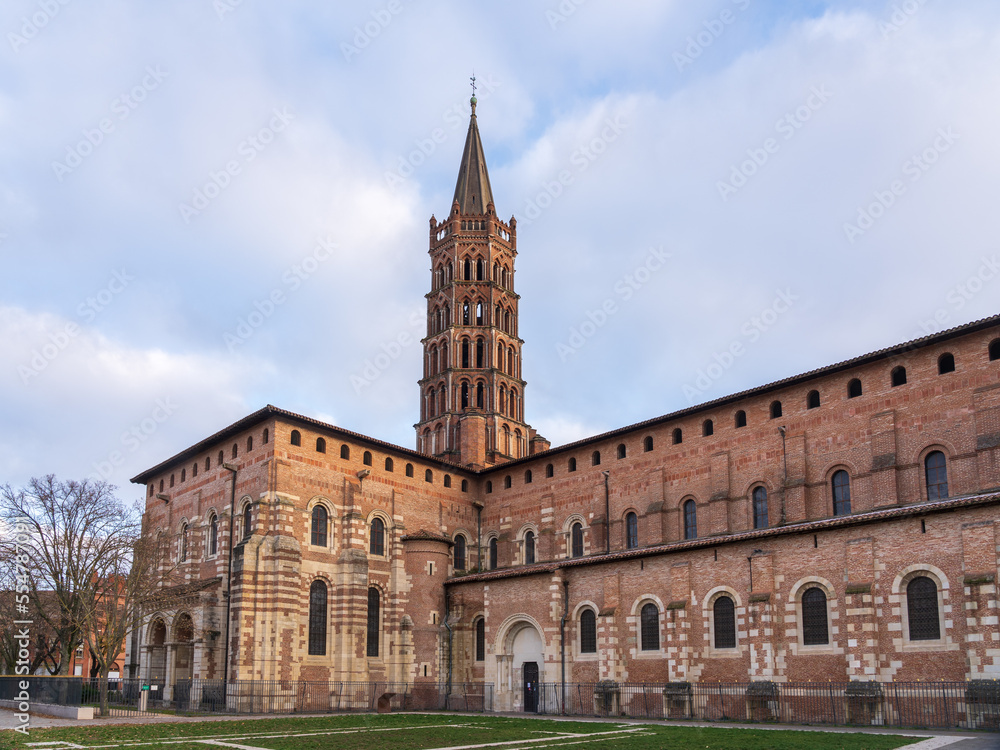 Scenic landscape view of historic landmark St Sernin basilica, Toulouse, France