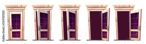 Set of open and closed classic wooden front doors isolated on white background. Cartoon vector illustration of home entrance, luxury beige doorway with glass window and modern electronic doorbell