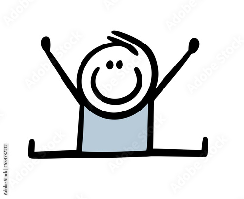 The child sits on the splits and performs a gymnastic exercise.