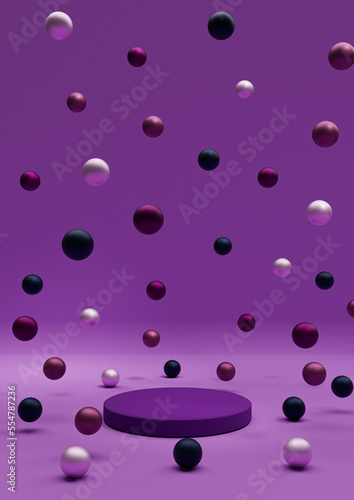 Bright purple, violet 3D illustration minimal product display Christmas themed with colorful decoration Christmas balls colorful metallic marbles falling photography wallpaper with one podium or stand