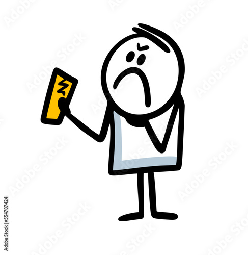 An angry man scowls at the broken glass on his phone.