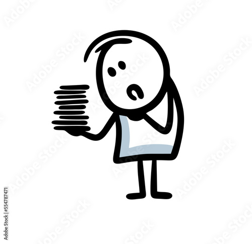 A vector illustration of a frustrated man at work looks sadly at a stack of papers in his hand.