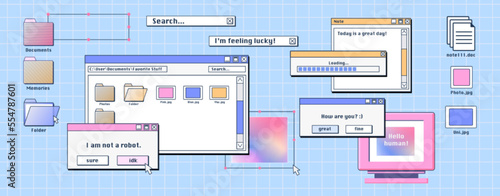 Personal computer screen with old software windows open on desktop. Vector illustration of folder, file, document thumbnails, loading progress bar and pop-up notifications. Retro user interface design