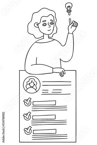 girl with her resume. Job search. Vector illustration. Linear hand drawing doodle.