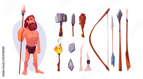 Caveman with weapon set isolated on white background. Cartoon vector illustration of stone age male with primitive wooden tools, axe, hammer, club, axe, spear. Ancient game character design kit