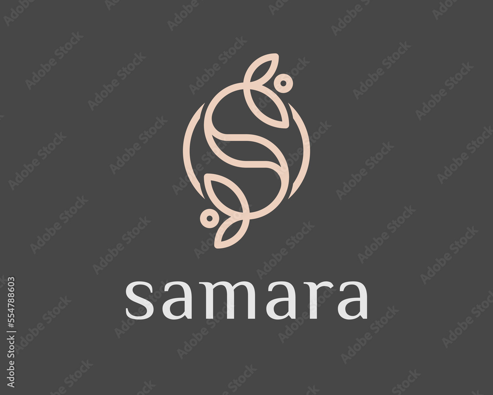 Fototapeta premium Letter S Leaf Blossom Natural Beauty Elegant Minimalist Line Linear Circle Frame Vector Logo Design