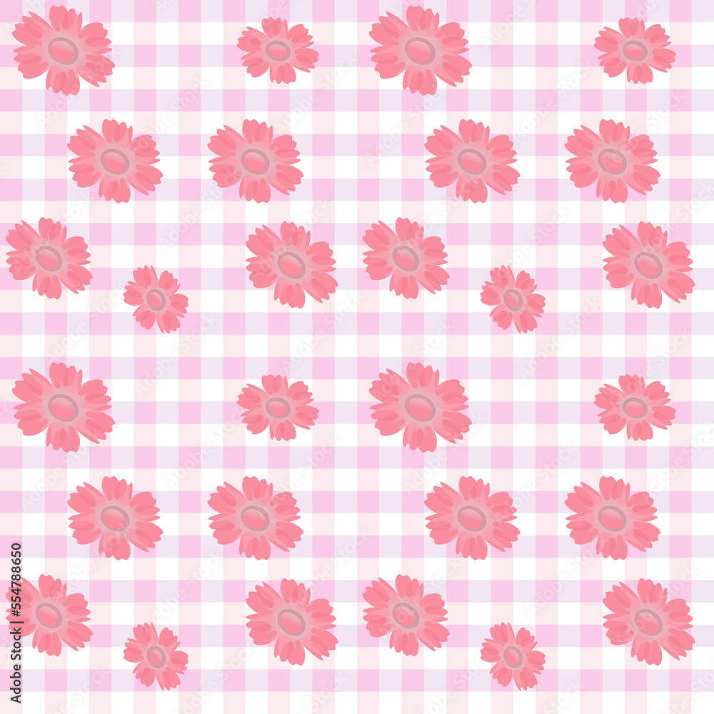 Cute pink flowers isolate on Gingham ,Scott seamless pattern. Create for paper,clothes,tablecloth.,net, grid.Copy space for your text and your business.