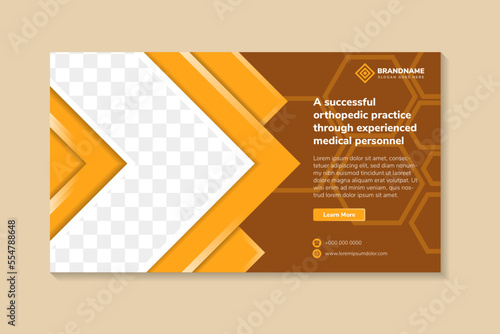 A successful orthopedic practice banner template design with photo and text placement, professional eye-catchy colorful design. Standard for web page banner and social media, horizontal vector layout.