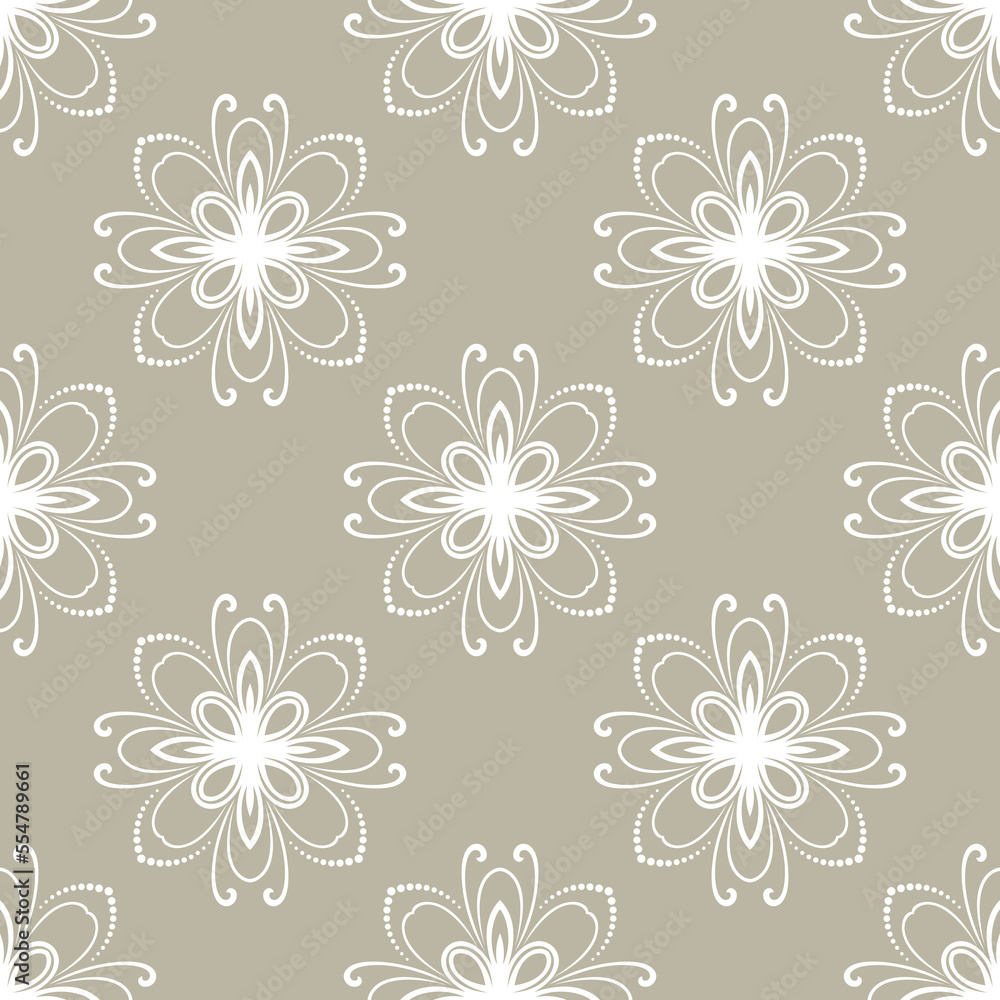 Floral beige and white ornament. Seamless abstract classic background with flowers. Pattern with repeating floral elements. Ornament for fabric, wallpaper and packaging