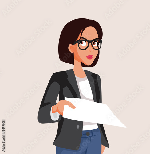 Angry Businesswoman Handing Over a Contract Vector Cartoon Illustration. Upset boss handing over resignation letter for employee to sign
