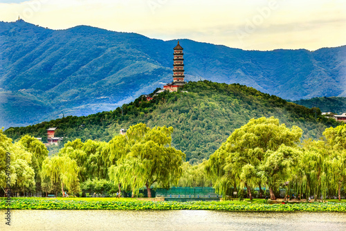 Yue Feng Pagoda Lake Willow Trees Summer Palace Beijing China
