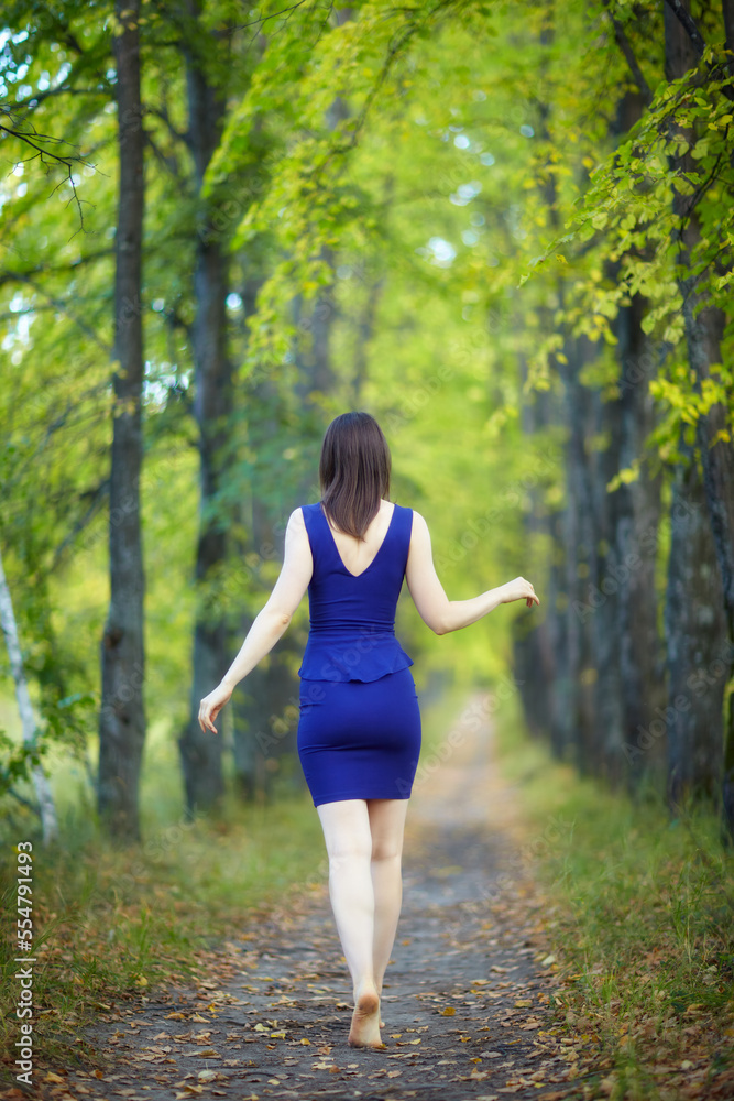 Female in blue dress walking along autumn linden tree alley. Female in blue dress walking along autumn linden tree alley.