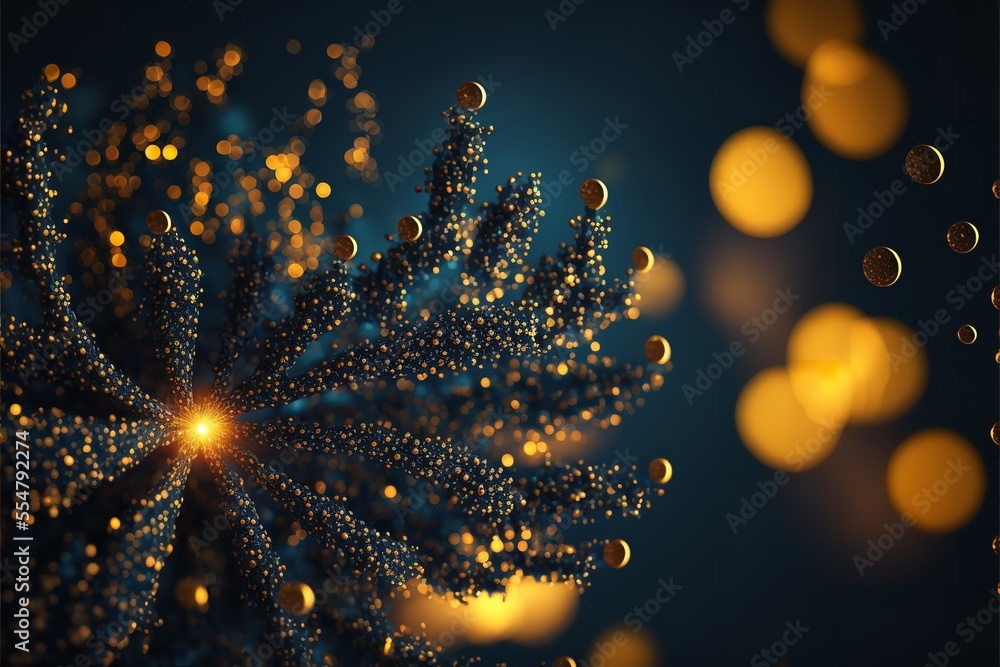 Abstract Christmas tree background with Dark blue and gold particles. Christmas Golden light shines particles bokeh on a navy blue background with Gold foil texture.