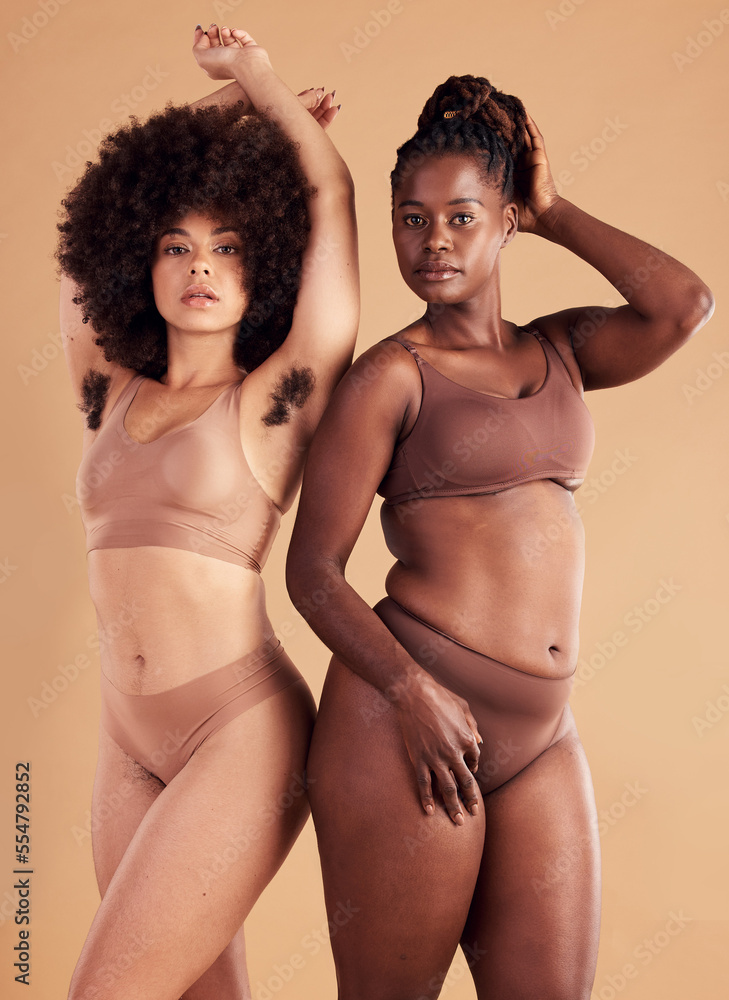 Body positive, empowerment and black women with body hair for natural  beauty, care for skin and confidence on brown studio background. Self love,  wellness and African model friends with hairy armpit Stock