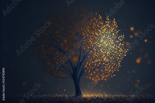 Abstract Christmas tree background with Dark blue and gold particles. Christmas Golden light shines particles bokeh on a navy blue background with Gold foil texture. © Concept Killer