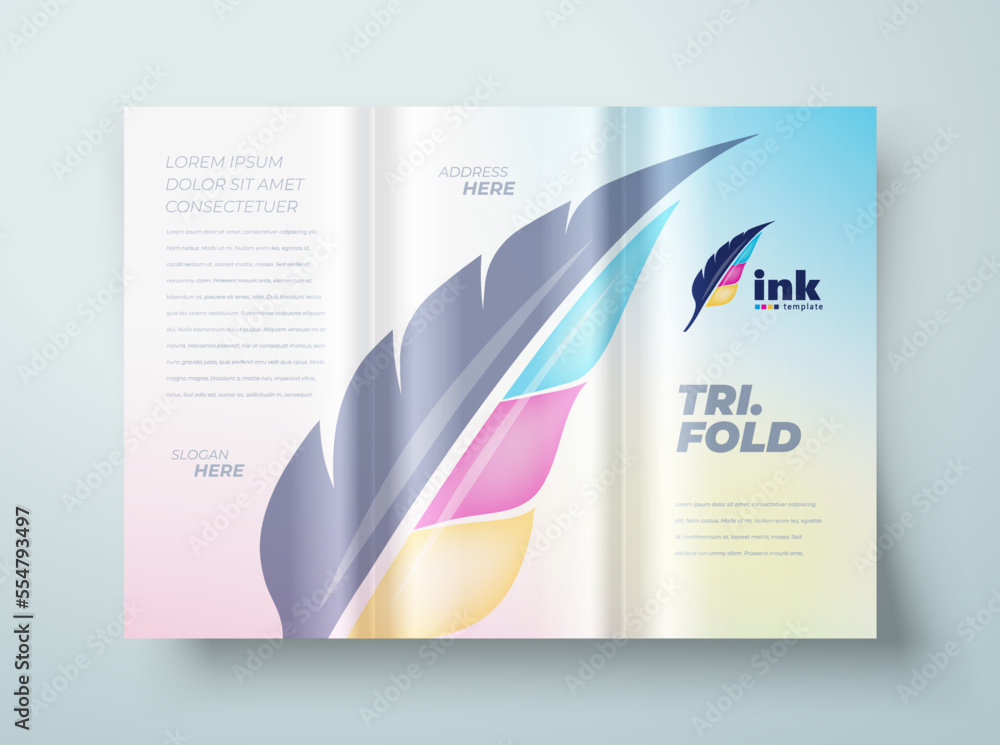 Trifold Cmyk polygraphy feather pen theme Cover design template vector