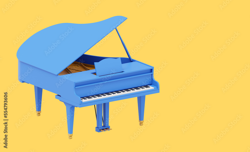 Blue grand piano, musical instrument. 3d rendering. Icon on yellow background, space for text. Blue grand piano, musical instrument. 3d rendering. Icon on yellow background, space for text.