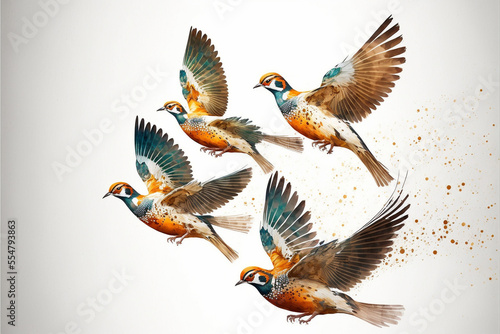Beautiful Pheasants taking flight on a white background - Generated by Generative AI