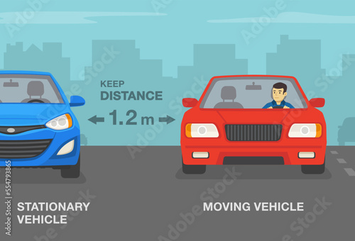Safe driving tips and traffic rules. Moving sedan car passing the stationary vehicle. Keep at least 1.2 meter distance. Flat vector illustration template.