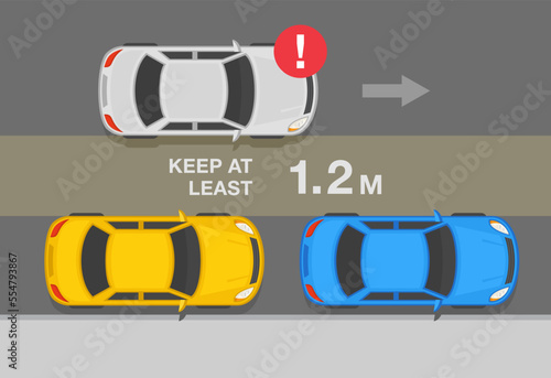 Safe driving tips and traffic rules. Moving sedan car passing the stationary parked vehicles. Keep at least 1.2 meter distance. Top view. Flat vector illustration template.