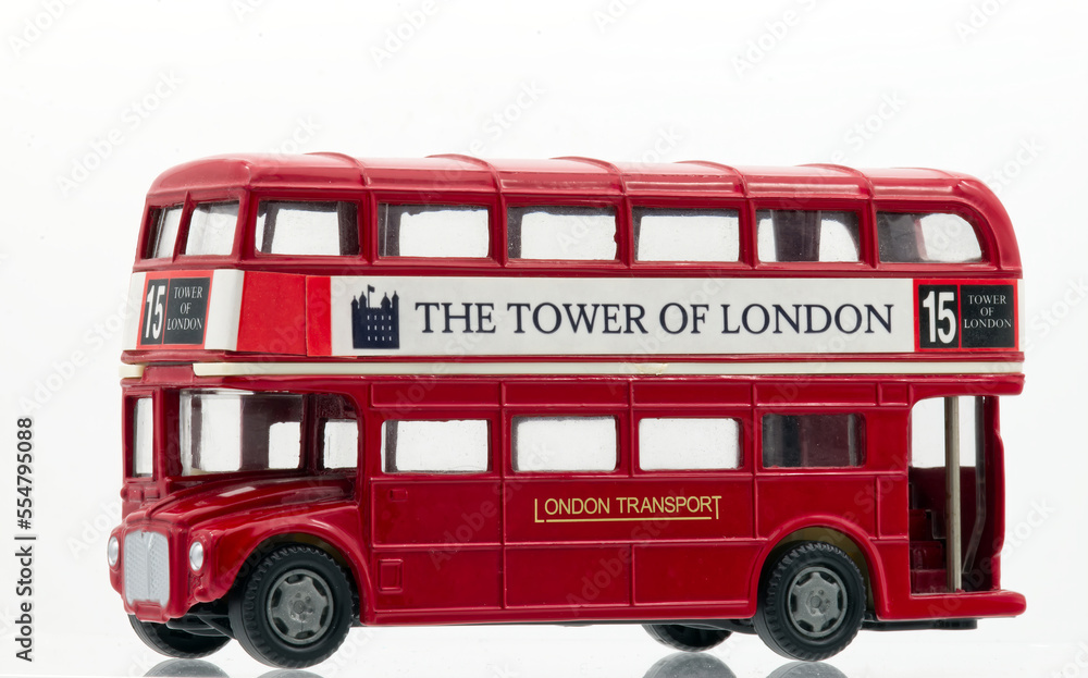 Red London Bus Toy Isolated on White Background.