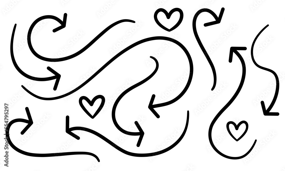 A set of black wavy arrows and hearts hand-drawn on a white background. Raster graphic resources A set of black wavy arrows and hearts hand-drawn on a white background. Raster graphic resources