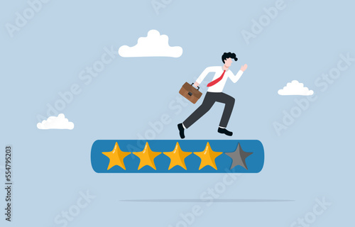 Aspiration and motivation for self-development, skill enhancement to boost productivity, expectation to be qualified employee, Businessman running on 5-star rating loading panel.