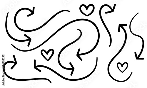 A set of black wavy arrows and hearts hand-drawn on a white background. Raster graphic resources