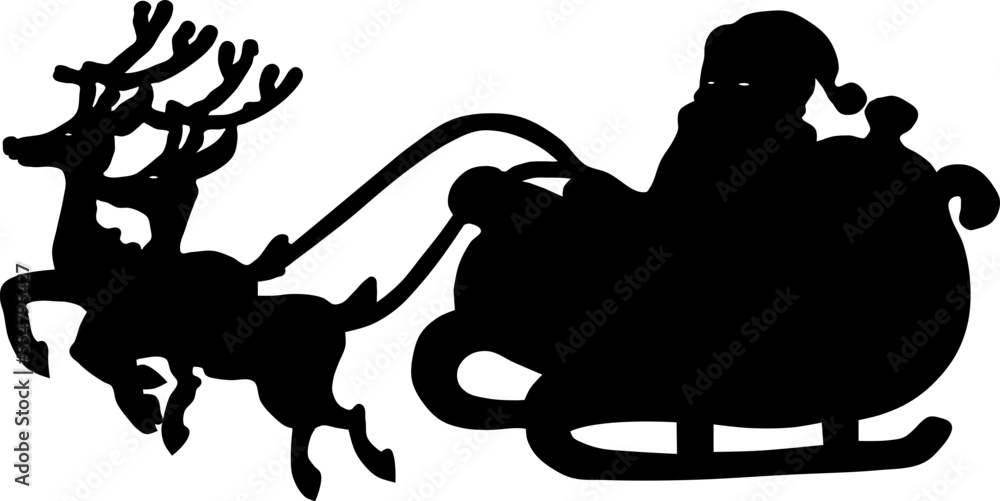 Vector illustration of the silhouette of Santa Claus flying on a sleigh pulled by reindeer.