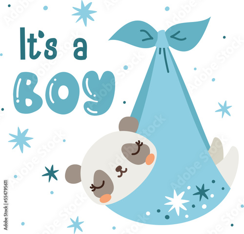 Vector design for baby showers. Cute newborn newborn panda  bear cub in a blue diaper. The inscription is a boy 
