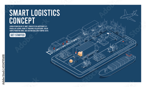 3D isometric Smart logistics concept with Delivery Robot, Warehouse Logistics and Management, Logistics solutions complete supply chain, transportation truck. Eps10 vector illustration