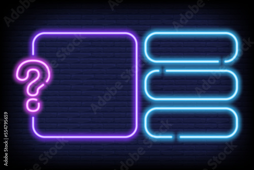 Neon quiz game template. Four options answers for knowledge exam in school, tv show. Vector Illustration 10 eps