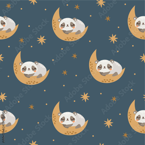 Seamless vector pattern. Cute panda sleeping on the moon. Night sky and stars 
