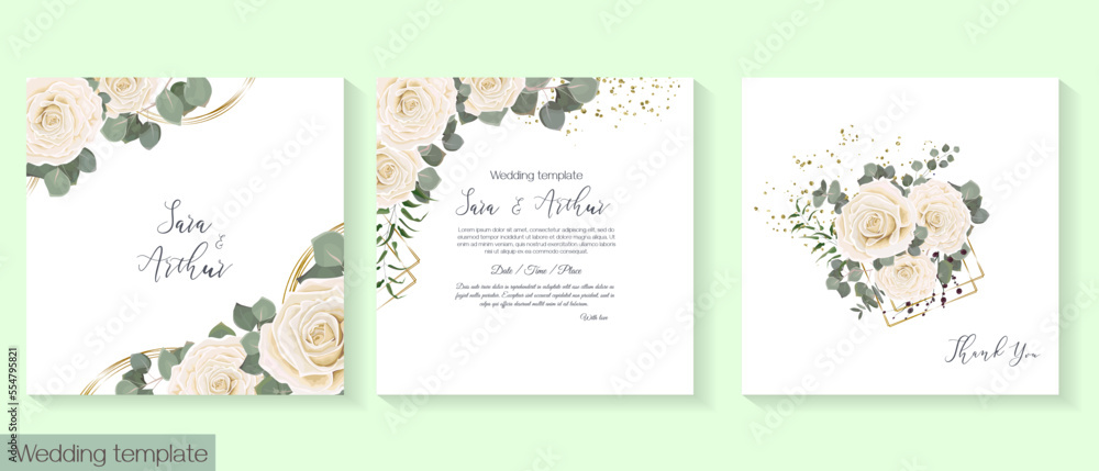 Floral design for wedding invitation. Golden geometric shapes, white beige roses, ranunculus, green plants, eucalyptus.