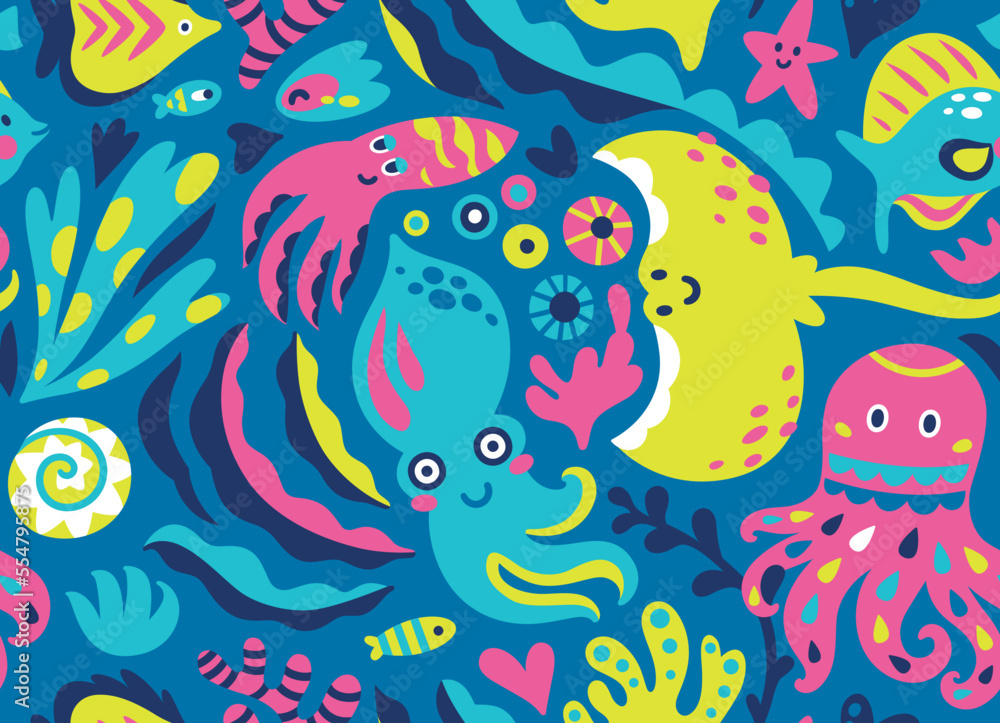 Cute flat sea life creatures in childish style isolated on blue background