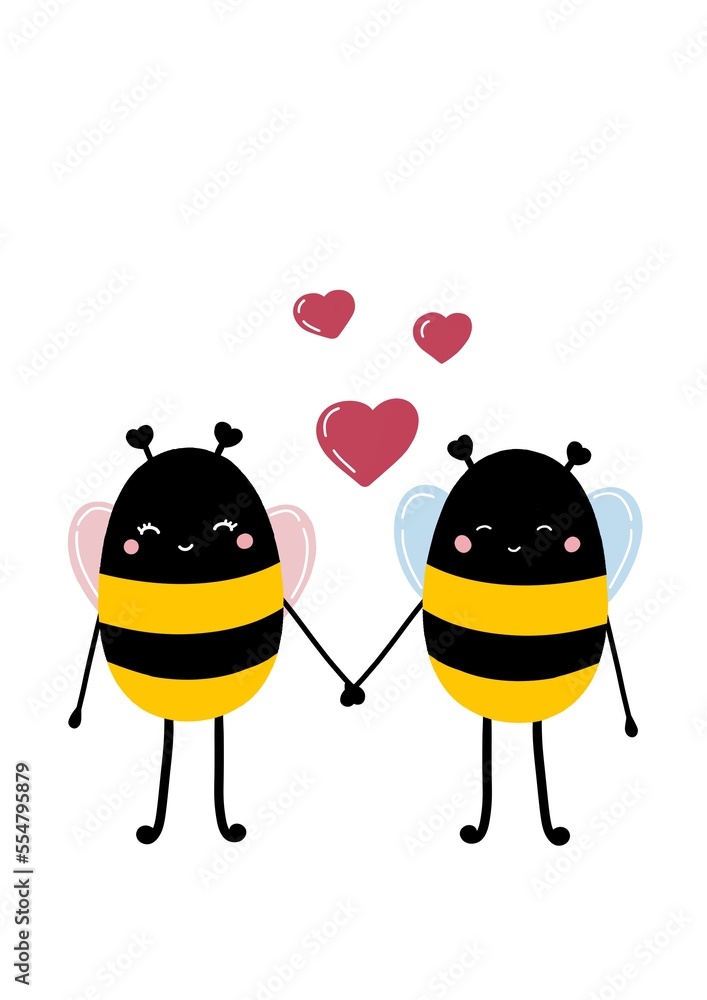 Fototapeta premium ИллIllustration of bees holding hands. A boy and a girl. Valentine's Day.юстрация без названия
