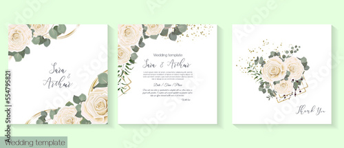 Floral design for wedding invitation. Golden geometric shapes, white beige roses, ranunculus, green plants, eucalyptus.