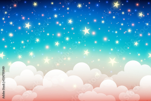 Pastel color sky with stars and clouds. Magical landscape, abstract fabulous pattern. Cute candy wallpaper. Vector.